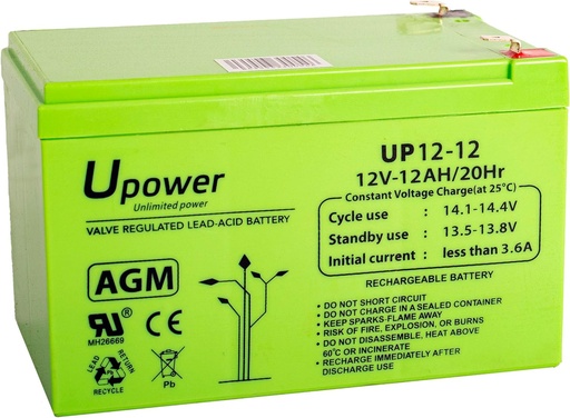 Bateria U-Power Plomb AGM 12V 12Ah F2 6,3mm