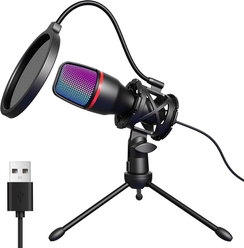 Microfon Hoppac PC Microfon pentru jocuri, Microfon profesional USB cu condensator cu trepied și filtru pop, Microfon pentru jocuri pentru Podcast Streaming Conferință YouTube, USB compatibil cu PC, Laptop, PS4/5