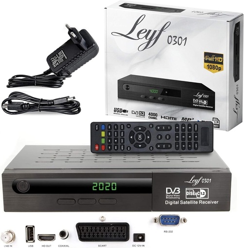 Receptor de satelit Leyf Receptor de satelit digital (HDTV, DVB-S/DVB-S2, HDMI, SCART, 2X USB, Full HD 1080p) [Preprogramat pentru Astra, Hotbird si Turksat] + cablu HDMI