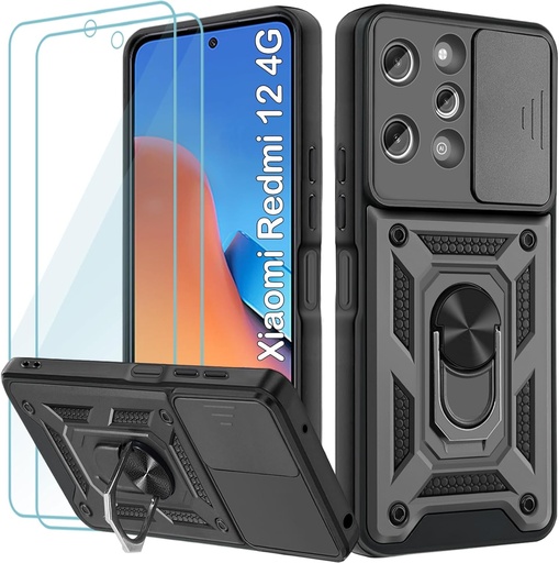 Husă Yohii pentru Xiaomi Redmi 12 6.79 inch, cu 2 protectoare de ecran din sticlă securizată, [Protecție cameră] Husă rigidă pentru PC, rezistentă la șocuri, grad militar, suport pentru Xiaomi Redmi 12, negru