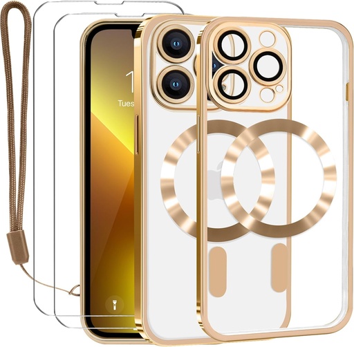 Husa Lafunda pentru iPhone 13 Pro Max cu 2*Sticla temperata si Protector pentru camera, Husa magnetica MagSafe pentru iPhone 13 Pro Max Protector de ecran transparent Husa magnetica Aur