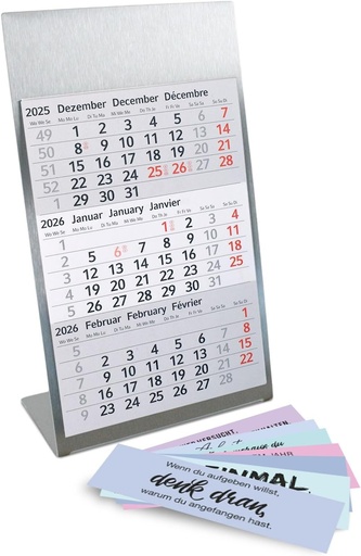 Calendar de birou pentru picioare din otel inoxidabil I Motivation Pastel I 2 ani 2025/2026 I Calendar 3 luni bloc magnet I multilingv D/GB/F I argintiu mat mic I tr085