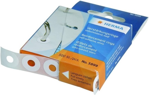 HERMA 5899 Inele de armare pe rola, 500 bucati, O 12 mm, autoadezive, intaritura pentru orificii rezistente la rupere, intarire pentru gaura inelului, mata, necompleta, intarire inelara, inele de intarire pentru orificii intr-o cutie de distribuire, transparenta