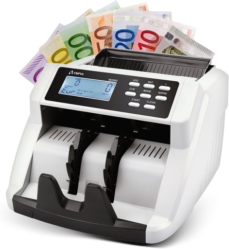 Contor de bani Olympia NC 560 pentru bancnote | Contor cu valori mixte pentru bancnote nesortate | Contor bancnote cu detector de falsuri | Afisaj LCD | Validator de bancnote | 1000 note/min | Contor de bani