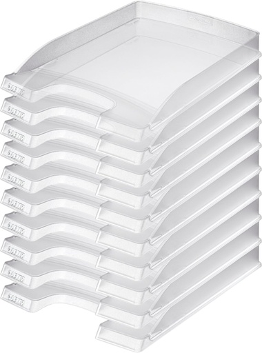Tava plata pentru scrisori Leitz A4, pachet de 10, tava pentru scrisori de calitate premium, organizator de birou stivuibil, compatibil cu seria Plus, transparent, 52370003