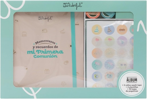 Mr. Wonderful - Kit album foto pentru albume de albume - Momente și amintiri ale primei mele comuniuni - Include 64 de pagini, 2 role de bandă Washi, 4 șabloane de desen și 10 coli de autocolante.