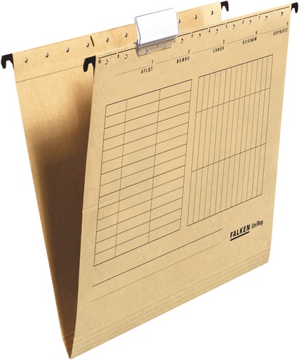 Pile de suspendare UniReg originale Falken, pachet de 25. Fabricat in Germania. Confectionat din carton reciclat pentru DIN A4, deschis lateral, maro, certificat Blue Angel, ideal pentru depunerea cu foi libere in birouri si agentii guvernamentale.