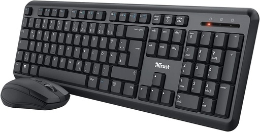 Set tastatura si mouse wireless Trust Ymo, aspect german QWERTZ, taste silentioase si butoane mouse, rezistent la stropire, mouse fara fir cu buton DPI, receptor USB, computer, laptop, Windows, macOS - negru