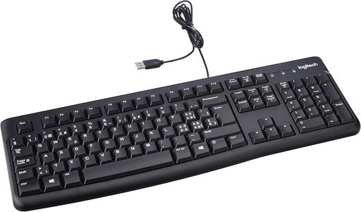 Tastatura de afaceri cu fir Logitech K120 pentru Windows si Linux, conexiune USB, tastare silentioasa, robusta, rezistenta la scurgeri, suport pentru tastatura, aspect elvetian QWERTZ - negru