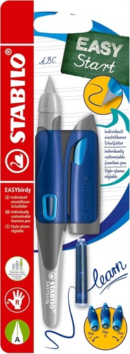 STABILO - Pix scolar ergonomic pentru dreptaci cu penita pentru incepatori A - EASYbirdy in albastru-mijloc/azur - incl. cartus si instrument de reglare - albastru (sters)