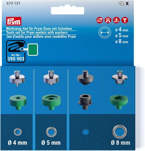 Prym 673131 Set de scule cu ochiuri cu saibe, 4,5 si 8 mm