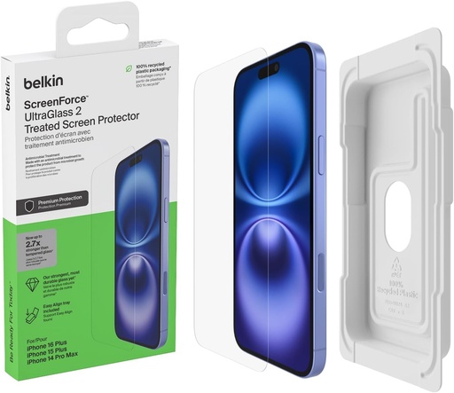 Protector de ecran acoperit Belkin ScreenForce UltraGlass 2 pentru iPhone 15 Plus - anti-zgarieturi, duritate 9H, tava de aliniere usoara, fara bule, ultra-subtire, acoperire completa