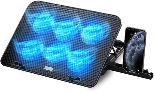 Bază de răcire portabilă NK - Ventilator pentru laptop pentru laptop de 12-17", înălțime reglabilă, 6 ventilatoare silențioase, 2 porturi USB, răcire rapidă, lumină LED albastră - negru