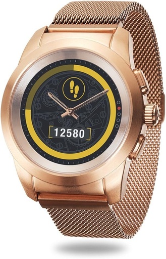 Ceas inteligent MyKronoz ZeTime Elite hibrid 44 mm cu mâini mecanice pe un ecran tactil color – Auriu roz periat obișnuit/Milanez