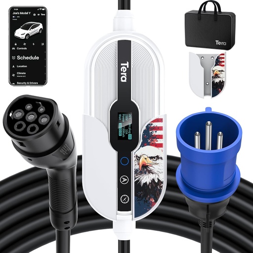 Încărcător Tera Smart EV 7,6 kW Tip 2 Numai pentru utilizare în interior CE&TüV 16-32A&App WLAN Bluetooth Cablu portabil sau montat pe perete de 7 metri Mufă CEE monofazată White-Eagle