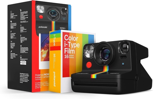Polaroid Now+ Generația 2 - Pachet pentru cameră și film (16 fotografii incluse) Cameră de film instantanee controlată prin aplicație Bluetooth (6250), negru, cameră și film