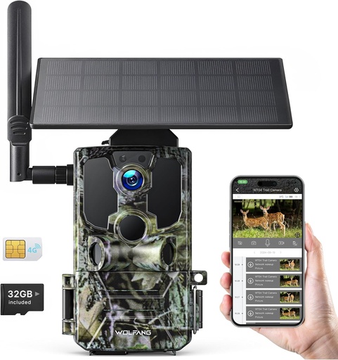 WOLFANG Cameră solară de vânătoare, 4G LTE 2.5K Cameră foto capcană cu detectie PIR nocturnă în infraroșu invizibil, alertă, audio bidirecțional, IP66 pentru monitorizarea vieții sălbatice și a securității