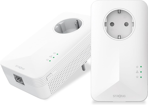STRONG - Kit Powerline 1000 - Priză PLC dublă - 1000 Mbps - Compatibil cu Box/Router - 1 Port Gigabit Ethernet + Soclu filtrat - Instalare Plug & Play - Viteză mare - Alb
