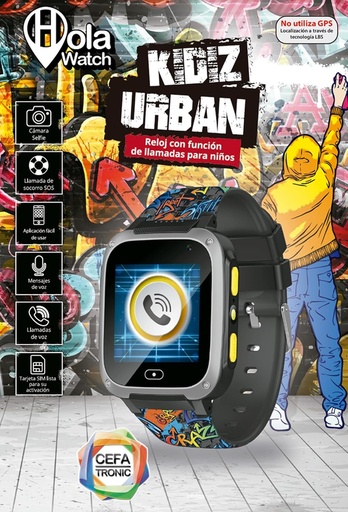 Cefa Toys - Holawatch Urban Black Smartwatch, Divertisment pentru copii si siguranta pentru parinti, conectivitate 2G, locatie LBS, cartela SIM, ecran tactil, camera foto, jocuri si apeluri