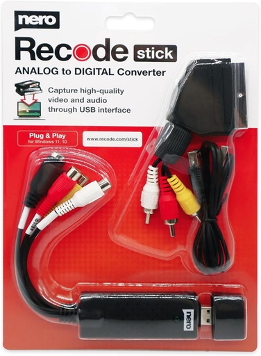 Nero VHS un USB Video Grabber Recode Stick | VHS autodigitalizare | Card de captura analog la digital | Windows 11/10 / 8/7 (digitalizare Cinta video | S-VHS | Hi8 | Super 8 | DVD a PC)