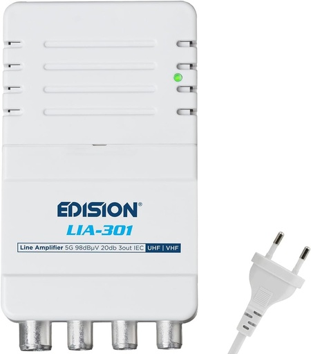 EDISION LIA-301 Amplificator pentru casa de interior UHF/VHF, 5-20dB reglabil, 98dBmV, pentru digital terestre DVB-T/T2, cu filtru 5G LTE, 1 intrare, 3 iesiri, conectori IEC
