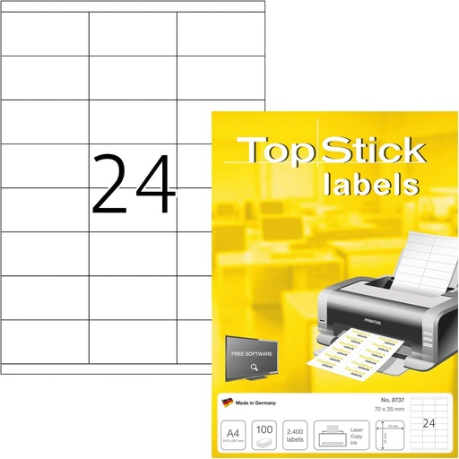 TopStick - Pachet de 2400 de etichete autoadezive multifunctionale (70 x 35 mm) Personalizabile si imprimabile, Imprimare cu laser/jet de cerneala, (8737)