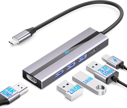 AEARJOHN USB C Hub (5 en 1) Caja de Aluminio, Tip C și USB-C PD100W, 4K HDMI, USB 3.00, 2 x USB 2.00