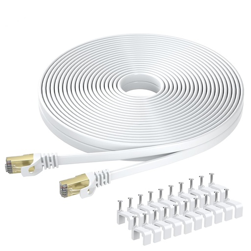 Cablu Ethernet Cat 8 BUSOHE 7M, Cablu de rețea plat RJ45 Gigabit LAN de mare viteză, Cablu de corecție Internet 40 Gbps 2000 Mhz pentru comutator, router, modem, panou de corecție, PC (alb)