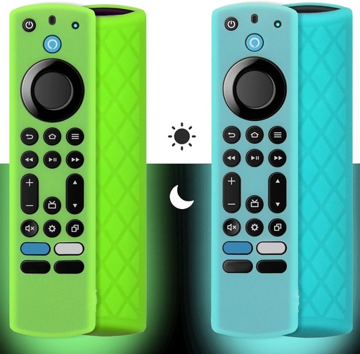 Husă din silicon Pinowu pentru telecomandă (pachet de 2) compatibilă cu telecomandă vocală Firestick 4K MAX/Insignia/Pioneer Alexa îmbunătățită cu șnur (verde + turcoaz ambele strălucitoare)