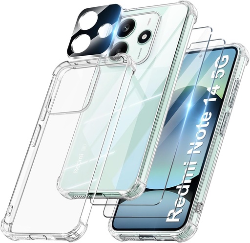 Husa FLLAO 4 in 1 pentru Xiaomi Redmi Note 14 5G cu 2 protectoare de ecran si 1 protector pentru lentile pentru camera, [perna de aer incorporata] husa anti-soc, anti-zgarieturi, transparenta