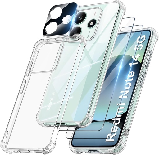 Husa FLLAO 4 in 1 pentru Xiaomi Redmi Note 14 5G cu 2 protectoare de ecran si 1 protector pentru lentile pentru camera, [perna de aer incorporata] husa anti-soc, anti-zgarieturi, transparenta