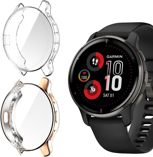 Husa Niboow [pachet de 2] compatibila cu Garmin Venu 2 Plus, cu protector de ecran, husa de protectie completa pentru, husa de protectie flexibila TPU anti-zgarieturi pentru Garmin Venu 2 Plus - transparenta + aur roz