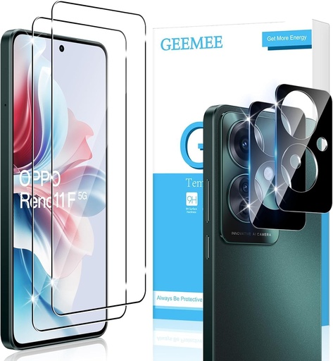 Protector de ecran GEEMEE pentru OPPO Reno11 F/Reno 11F 5G/ Reno 11 F 5G, 2+2 pachete de sticla securizata si protectie pentru lentila camerei (negru), duritate HD 9H, anti-zgarieturi, fara bule