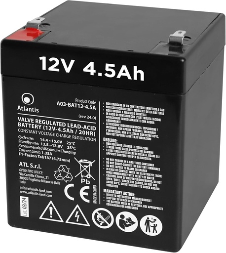 Baterie cu plumb etanșat Atlantis 12V 4.5Ah (VRLA), potrivită pentru UPS, supraveghere video, sisteme de alarmă, mobilitate electrică, jucării, conexiune faston F2 6.3mm, A03-BAT12-4.5A