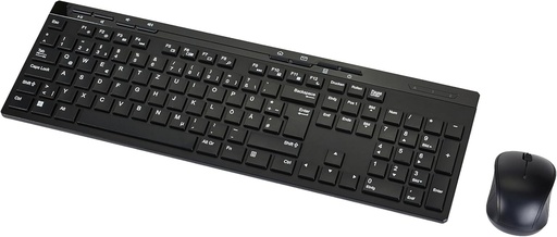 Combo de tastatura si mouse fara fir de dimensiune completa Amazon Basics cu receptor USB de 2,4 GHz, aspect german, negru