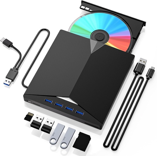 BNEHHOV DVD player extern pentru computer, inscripționare CD extern 7 în 1, portabil USB 3.0 tip C cu slot pentru card SD/TF, player DVD Plug and Play pentru Windows/Linux/Mac OS/laptop/PC (dimensiune B)