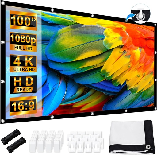 Ecran de proiector LEORFI de 100 inchi, ecran portabil pliabil de exterior, ecran de proiector de film pentru interior 16:9 Full HD 4K, ecran de proiecție cu două fețe, pentru home theater și petrecere în camping