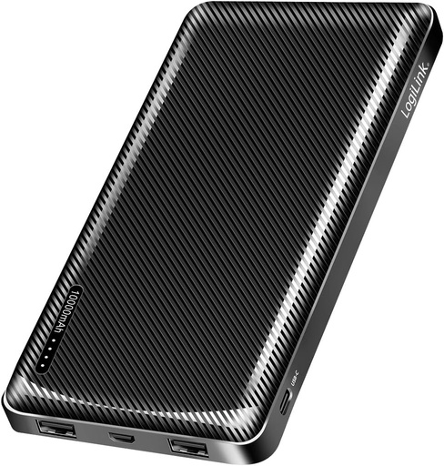 LogiLink PA0328 - Powerbank 10000 mAh, 2x USB-A + 1x USB-C (pentru dispozitive) cu funcție de încărcare rapidă, USB-C + Micro-USB (încărcare powerbank), negru