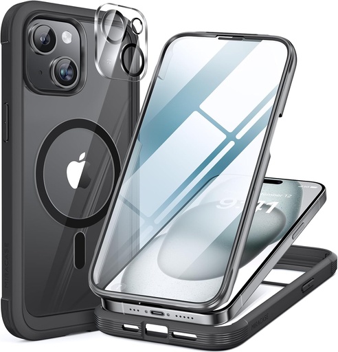 Husa Miracase 360 ​​​​de grade pentru iPhone 15 cu Magsafe, protector de ecran din sticla incorporat, husa cu protectie completa pentru telefon mobil Husa magnetica rezistenta la socuri pentru huse de protectie iPhone 15 de 6,1 inci, neagra