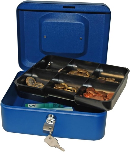 Reskal - Cutie de bani din metal care se poate încuia 20 x 16 x 9 cm albastră cu fantă pentru monede și 2 chei incluse