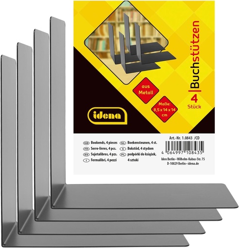 Idena 10843 - Suport cărți metalic, negru, 4 suporturi pentru cărți, 14 x 14 x 8,5 cm, suport pentru cărți pentru rafturi