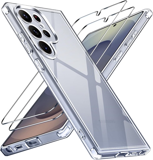 ivoler Never Yellowing Clear Husă pentru Samsung Galaxy S25 Ultra 5G, 1 Husă pentru Telefon Mobil cu 2 Bucăți de Sticlă de protecție blindată, [Protecție militară] Husă de protecție transparentă rezistentă la șocuri Husă transparentă subțire