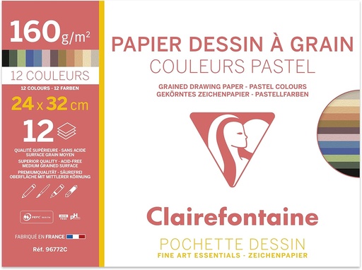 Clairefontaine - 96772 - 1 pachet de 12 foi de culori pastelate asortate - Hârtie de desen - 24x32cm 160g