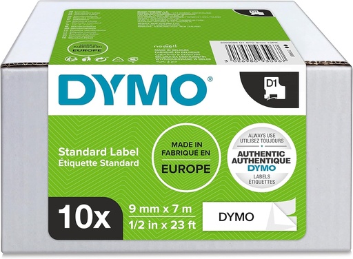 Banda pentru etichete DYMO Original D1 | Negru pe alb | 9 mm x 7 m | Banda de etichete autoadeziva | pentru LabelManager Label Maker | 10 casete de etichete D1