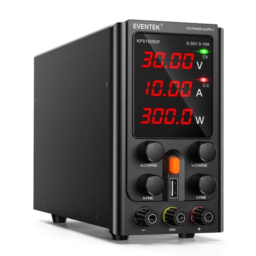 Sursă de alimentare de laborator DC reglabilă Eventek 30V 10A, sursă de alimentare cu comutare reglabilă cu afișaj LED cu 4 cifre, interfață USB 5V2A, crocodile clip/linii de testare