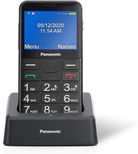 Telefon mobil Panasonic KX-TU155EXBN pentru seniori, buton SOS, butoane mari, compatibil cu aparate auditive, Bluetooth, radio FM, camera, baza de incarcare, negru