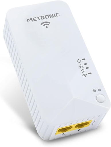 Metronic 495468 Priză Powerline Wi-Fi 600 MB/s cu 2 porturi Fast Ethernet 100 MB/s - alb
