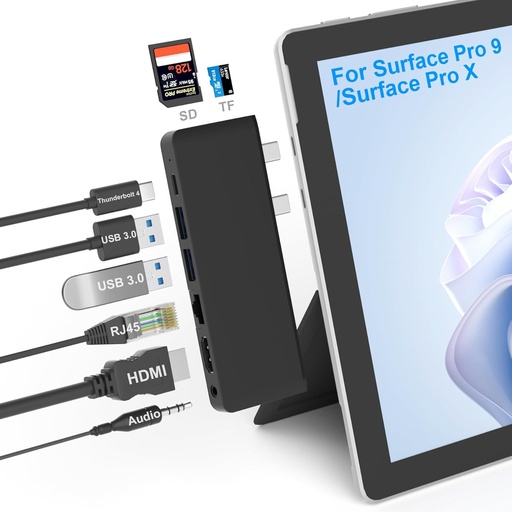 Hub pentru statie de andocare Surface Pro 9 cu HDMI 4K, USB C Thunderbolt 4 (8K@30Hz+40G date+PD 100W incarcare rapida), USB 3.0*2, 100M RJ45, cititor de carduri SD/TF, audio 3,5 mm, afisaj triplu pentru Surface Pro 9/Pro X