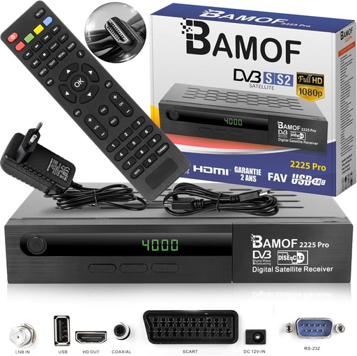 hd-line Bamof 2225 PRO Receptor satelit Receptor digital prin satelit (HDTV, DVB-S/DVB-S2, HDMI, SCART, 2x USB, Full HD 1080p) [Preprogramat pentru Astra, Hotbird si Turksat] + cablu HDMI, negru