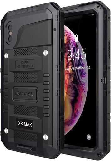 Husa Beeasy compatibila cu iPhone XS Max, impermeabila, rezistenta la socuri, pentru exterior, pentru telefon mobil Husa de protectie standard militara cu protector de ecran Protectie robusta din metal impotriva caderilor si socurilor Husa rezistenta pentru telefon mobil, neagra